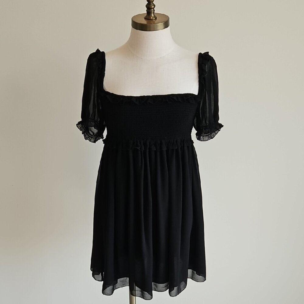 Aritzia Sunday Best Black Smocked Dress with Sheer Puff Sleeves